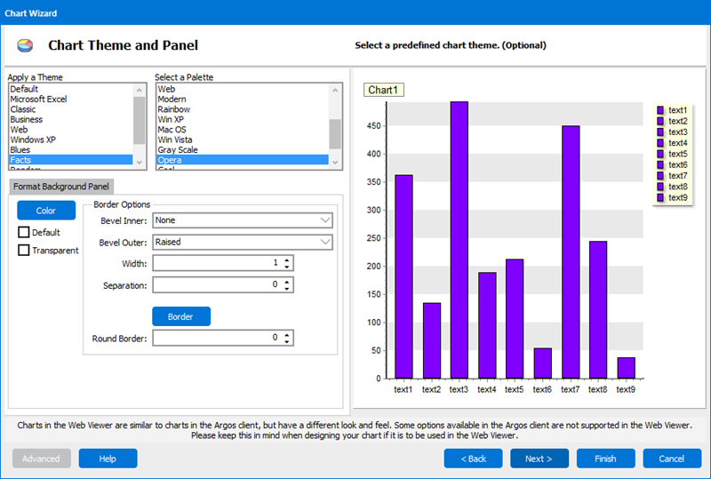 Chart theme and portal screen. On this screen, you can select a theme and change borders and colors to adjust the look of the chart.